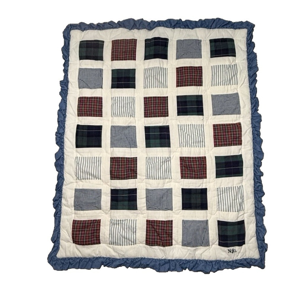 Nojo Plaid Patchwork Baby Blanket Crib Vtg Bedding Nursery Chambray Ruffle